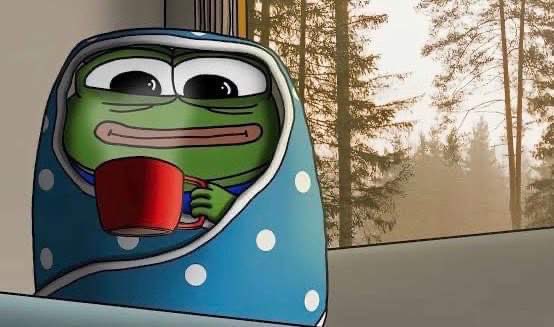 A green Pepe the Frog character wrapped in a blue polka-dot blanket holds a red mug, set against a forest background.