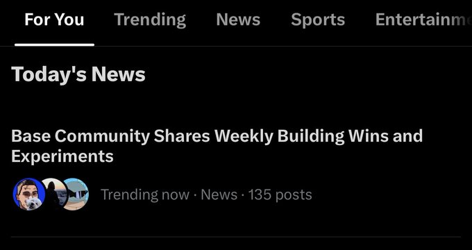 A news feed displays a "Today's News" section featuring a trending post titled "Base Community Shares Weekly Building Wins and Experiments" with 135 posts, which aligns with the accompanying message encouraging users to share and celebrate their wins on Base.