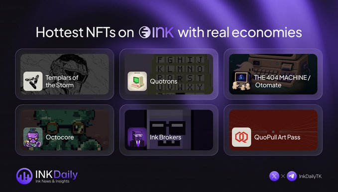 A promotional graphic titled 'Hottest NFTs on INK with real economies' by INK Daily, showcasing NFT projects including Templars of the Storm, Quotrens, THE 404 MACHINE/Otomate, Octocore, Ink Brokers, and QuoPull Art Pass.