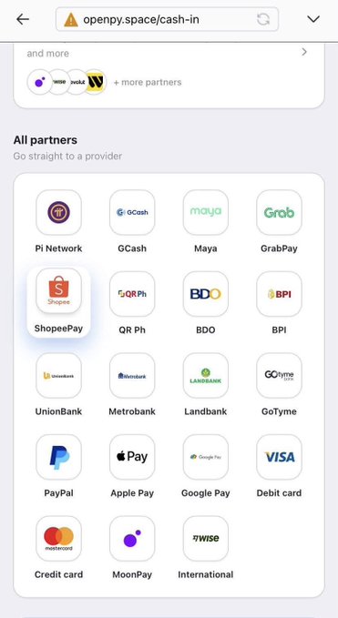 The image shows the OpenPay cash-in page (openpy.space/cash-in) displaying a grid of payment partner options including Pi Network, GCash, Maya, GrabPay, ShopeePay, QR Ph, BDO, BPI, UnionBank, Metrobank, Landbank, GoTyme, PayPal, Apple Pay, Google Pay, debit/credit cards, MoonPay, and Wise. It illustrates Pi Network's integration into the global payment ecosystem through OpenPay, where users can cash in using multiple methods, with Pi Network prominently featured alongside major financial services.