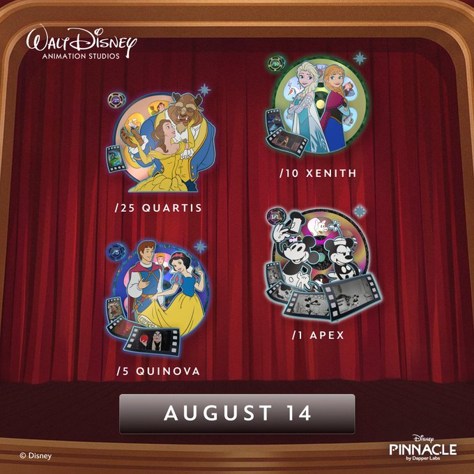 A Disney Pinnacle promotional graphic dated August 14 featuring four NFT collections with film strip motifs: /25 Quartis (Beauty and the Beast), /10 Xenith (Frozen), /5 Quinova (Snow White), and /1 Apex (Mickey and Minnie Mouse).