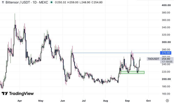 A TradingView candlestick chart displays the "Bittensor / USDT" pair on the MEXC exchange, showing price action from April to September with a current price area around 254.80-271.90.