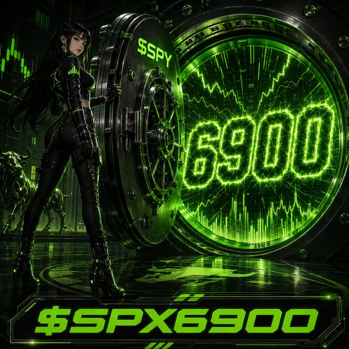 Futuristic green-themed digital artwork featuring a woman standing next to a vault door displaying '$SPY 6900', with the text '$SPX6900' at the bottom.