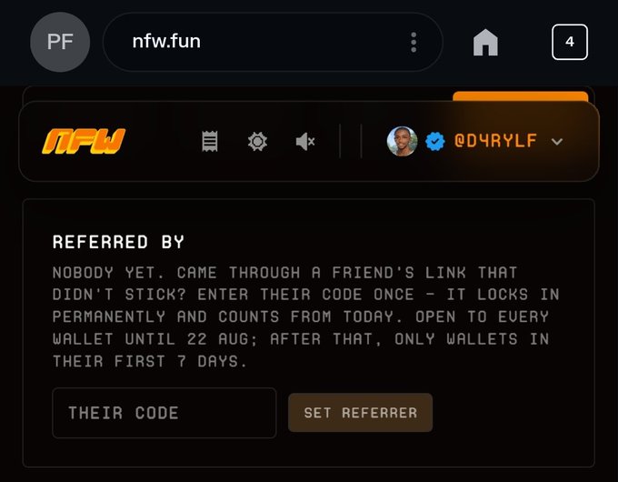 A screenshot from nfw.fun showing a 'Referred By' section with text explaining the referral program, featuring the username '@D4RYLF' and fields to enter a code and set a referrer.