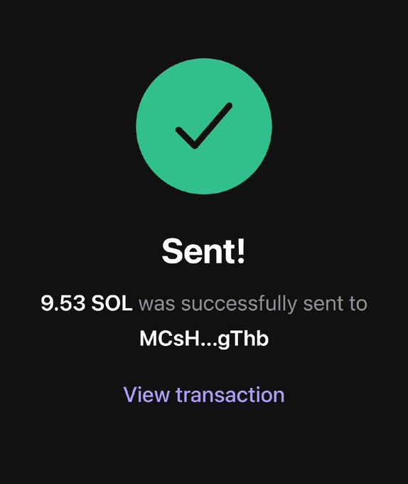 A successful transaction confirmation screen showing 9.53 SOL sent to wallet address MCsH...gThb, with a green checkmark and "Sent!" headline alongside a "View transaction" link. The image illustrates the giveaway concept from the post, though the amount sent (9.53 SOL) differs slightly from the 10 SOL promised.