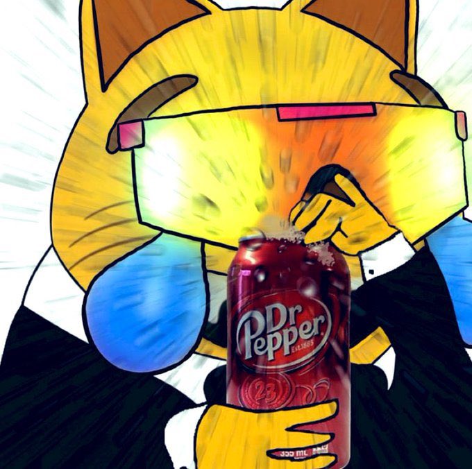 A stylized anime-style illustration of a fox character in sunglasses and a suit dramatically opening a can of Dr Pepper with bright yellow light emanating from it.