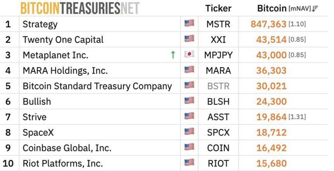 The image from BitcoinTreasuries.net shows the top 10 public companies holding Bitcoin, led by Strategy (MSTR) with 847,363 BTC, followed by Twenty One Capital (XXI) and Metaplanet (MPJPY) at 43,514 and 43,000 BTC respectively, with the list rounding out with Riot Platforms at 15,680 BTC. This leaderboard visually reinforces the post's claim about accelerating institutional accumulation, showcasing major corporate whales whose significant BTC holdings drive the over 1.26 million Bitcoin held by public companies.