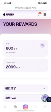 A mobile screenshot of the RALLY app showing a "YOUR REWARDS" page with 800 points and a total of 2099 RLP.