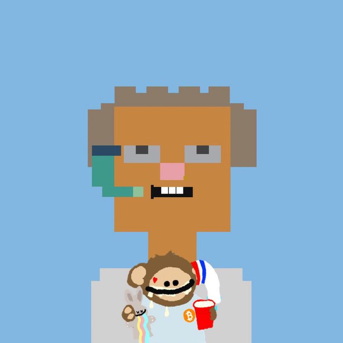 A pixel art illustration depicts a brown character wearing a headset and holding a monkey plushie and a drink, set against a light blue background.