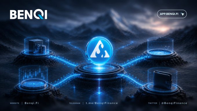 Promotional graphic for 'BENQI' showing a central blue logo orb connected to four other nodes representing different crypto features, with links to Benqi.fi, Telegram, and Twitter (@BenqiFinance).