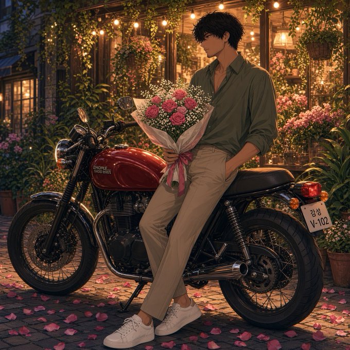 An anime-style illustration of a dark-haired man sitting on a motorcycle, holding a bouquet of pink roses in a romantic, rose-strewn setting.
