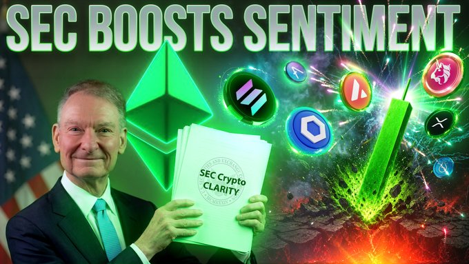The image shows a man in a suit smiling while holding a green folder labeled "SEC Crypto CLARITY," set against a backdrop featuring the Ethereum logo, various cryptocurrency icons, and the bold headline "SEC BOOSTS SENTIMENT," visually echoing the post's theme of surging SEC-related crypto optimism for assets like $BTC, $ETH, $SOL, and $XRP.