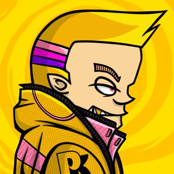Cartoon illustration of a punk-style character with spiky blond hair, a pink headband, and a yellow jacket featuring a 'P' logo, set against a yellow background.