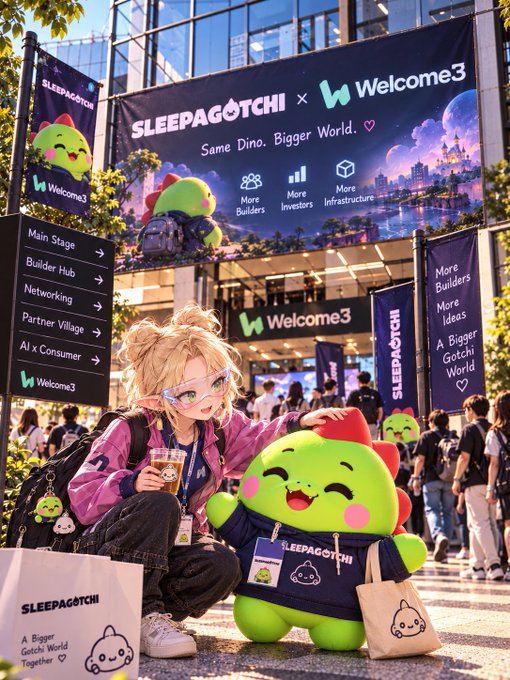 An anime-style illustration shows a blonde girl posing with a green dinosaur mascot at a 'SLEEPAGOTCHI x Welcome3' event, surrounded by banners reading 'Same Dino. Bigger World' and 'More Builders'.