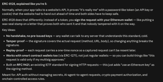 A text post explaining ERC-8128 simply, detailing how it signs API requests with an Ethereum wallet instead of tokens, covering handshake-free auth, tamper-proof, and replay-proof features.