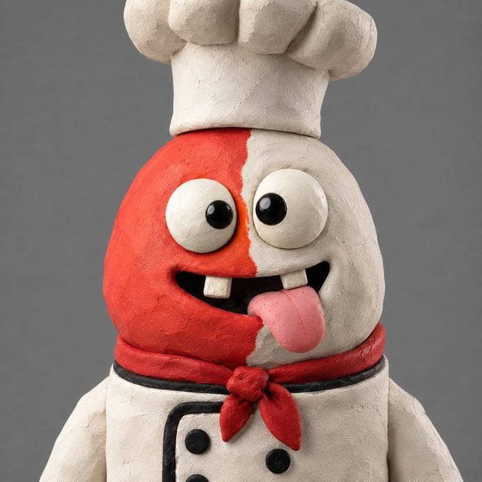 A clay sculpture of a chef character with a goofy expression, sticking out its pink tongue, wearing a white chef's hat and red neckerchief with a half-red, half-white face.