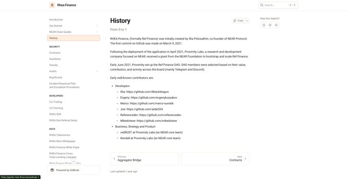 The image shows a documentation page titled "History" for Rhea Finance, detailing that RHEA Finance (formerly Ref Finance) was initially created by Illia Polosukhin, co-founder of NEAR Protocol, with the first commit on GitHub made on March 9, 2021. The page also outlines key milestones including the April 2021 deployment, the receipt of a grant from the NEAR Foundation, and the establishment of its development team—supporting the claim that RHEA has deep ties to NEAR Protocol and represents a high-beta play for the NEAR ecosystem.