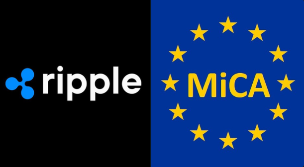 The image displays the Ripple logo next to "MiCA" in gold lettering on a blue background with yellow stars, symbolizing Ripple's newly obtained MiCA-compliant CASP license from Luxembourg's CSSF—a regulatory milestone that enables fully compliant crypto-asset services across the EU.