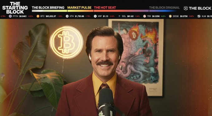 A man in a red suit and yellow shirt, styled to resemble Ron Burgundy from Anchorman, speaks into a microphone in front of a Bitcoin neon sign and cryptocurrency-themed artwork. The "Starting Block" broadcast ticker displays prices for BTC ($63,532.37), ETH ($1,753.86), and other crypto tickers, tying into the post's playful promotion of the show's daily live episodes featuring various crypto guests.