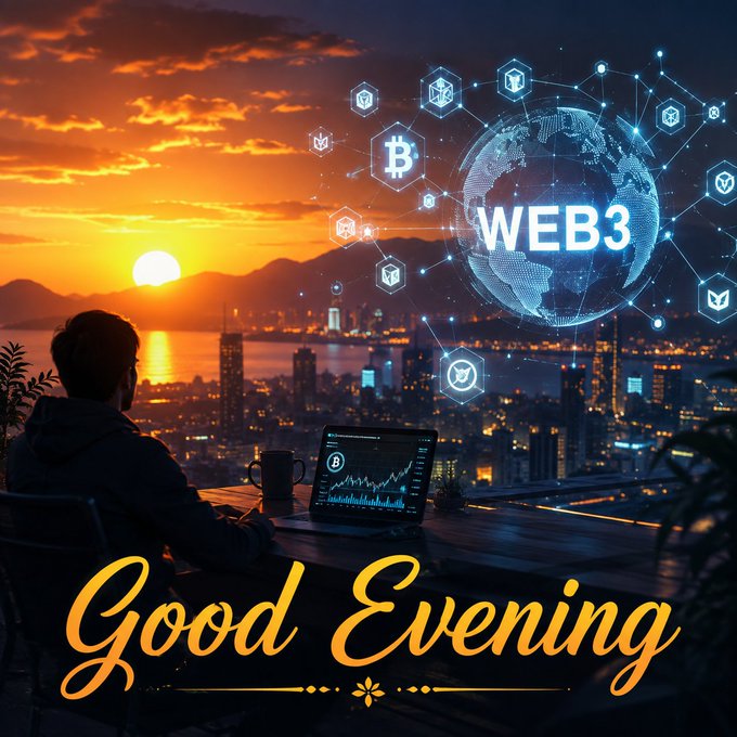 A 'Good Evening' graphic featuring a person at a desk with a laptop displaying crypto charts, overlooking a sunset cityscape with a digital globe labeled 'WEB3' surrounded by cryptocurrency icons.