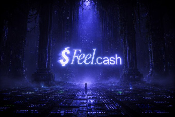 A digital artwork featuring the text '$Feel.cash' glowing in neon letters above a small silhouetted figure standing in a dark, futuristic, blue-lit environment.