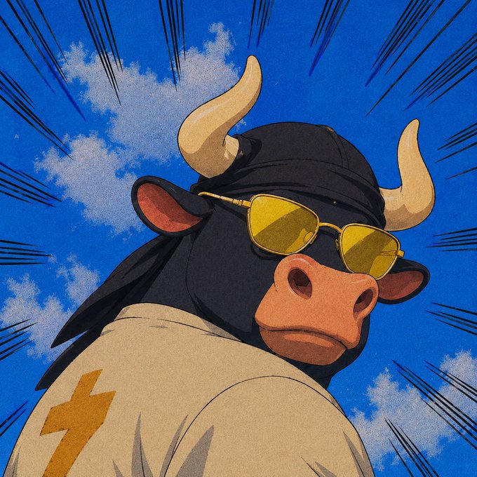 A cool cartoon bull wearing yellow sunglasses and a shirt featuring a lightning bolt logo stands confidently against a bright blue sky with radiating lines, visually reinforcing the post's "Bulls in control $ANSEM" message.