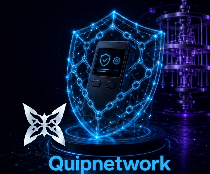 The image displays "Quipnetwork" branding alongside a digital wallet device encased in a glowing blue shield made of interconnected blockchain-style nodes, with a quantum computer visible in the background. The visual reinforces the post's message about long-term wallet security by illustrating the contrast between the protected wallet and the advanced computing threats it must endure over decades.