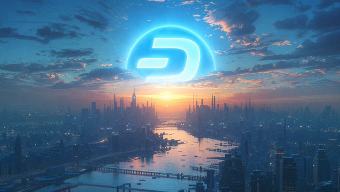 Stylized sci-fi cityscape at sunset with a glowing blue 'D' logo in the sky over a river.