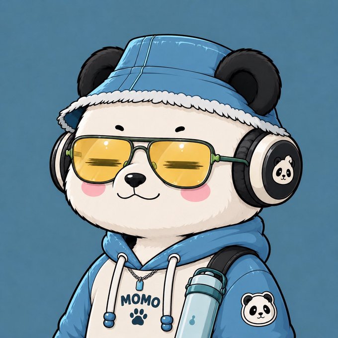 The image features a cartoon panda wearing sunglasses and a blue hat with white fur, giving off a cool vibe. The panda has a backpack on its back and appears to be listening to music through headphones. There are also two water bottles visible in the scene, one near the bottom right corner of the image and another towards the top left corner.
