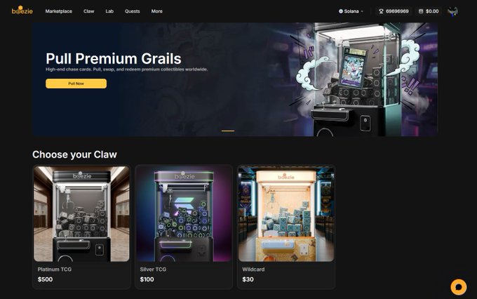 A screenshot of the 'beeozie' website displaying a 'Pull Premium Grails' promotion and 'Choose your Claw' options including Platinum TCG ($500), Silver TCG ($100), and Wildcard ($30), with a Solana balance of 69696969.