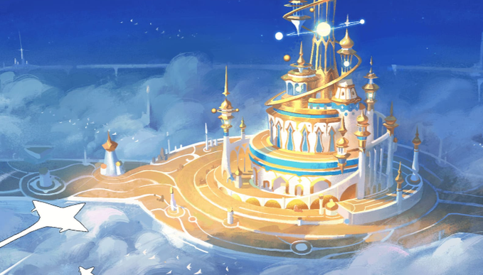 The image features a large castle with multiple towers and spires, situated within a blue sky filled with clouds. The castle appears to be made of gold or white materials, giving it an opulent appearance. In the bottom right corner of the image, there is a small white star that stands out against the backdrop of the sky.