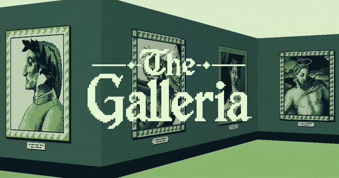 A retro pixel-art style virtual gallery titled 'The Galleria' with framed classical portraits displayed on dark green walls.