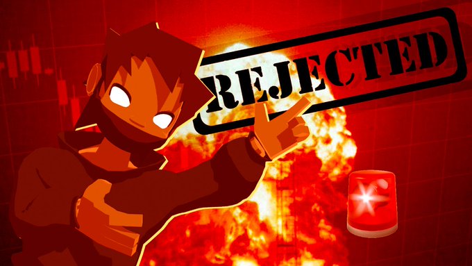 A stylized orange figure holds up a large "REJECTED" stamp against a fiery red background with an alert bell icon, refusing an apparent $74 price target. The dramatic imagery emphasizes a firm rejection or denial reaction to the $74 figure mentioned.