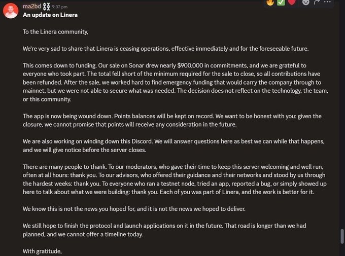 Discord message from ma2bd announcing that Linera is ceasing operations due to failed funding, despite nearly $900,000 in commitments from a Sonar token sale.