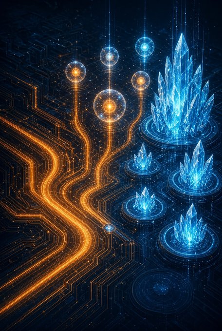 A vibrant digital artwork shows glowing orange energy streams flowing through a dark circuit board pattern, with floating orbs and clusters of bright blue crystals hovering above circular bases.