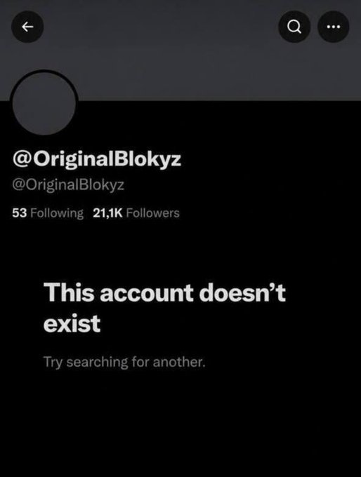 A screenshot of a defunct Twitter/X profile for "@OriginalBlokyz" displaying 21.1K followers alongside a "This account doesn't exist" message. The "what if…" caption paired with the image suggests the user found this profile had been deleted or suspended, hinting at speculation about the account's mysterious disappearance.