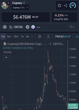 This image displays the cryptocurrency chart for "Cupsey" with a market cap of $6.476M, showing a significant recent price drop. The accompanying post "$cupsey" likely refers to this cryptocurrency's performance, expressing surprise at the observed decline.