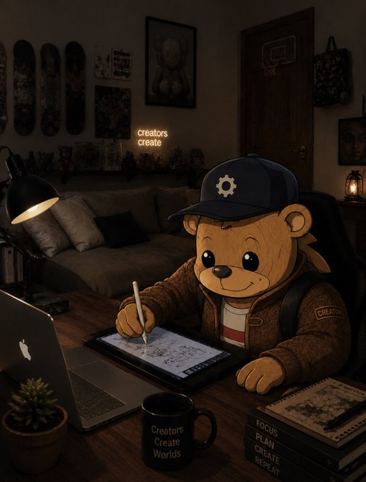 A cartoon bear wearing a "CREATORS" cap and jacket works on a tablet in a cozy studio, surrounded by a "Creators Create Worlds" mug, a "FOCUS PLAN CREATE REPEAT" book, and a neon sign reading "creators create." The image ties to the post's theme of AI moving beyond just decision-making—the bear embodies the creative, productive spirit of building systems that let AI earn, pay, own, and execute, not just think.