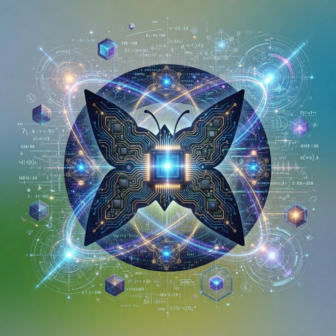 The image features an abstract butterfly-like design with blue and purple elements, surrounded by a complex network of lines and shapes that resemble code or computer science concepts. The butterfly appears to be made out of circuit boards, giving it a futuristic appearance. The background is a gradient of colors, blending into the butterfly's wings and creating a sense of depth in the image. The caption reads: "People used to buy their own compute." This statement connects the butterfly design with the concept of computing from the past, emphasizing how technology has evolved over time.
