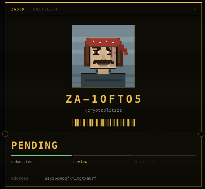 A digital whitelist interface for 'ZADDR' showing pixel art character 'ZA-10FT05' by @cryptoblitzzz, with a status indicator showing 'PENDING' at the review stage and an address beginning 'u1yz6qmcqfkm...tgtxa0rf'.