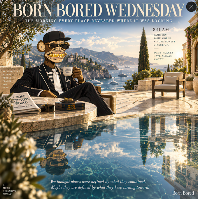 A "Born Bored Wednesday" promotional image features a grinning monkey in a suit sipping coffee by an infinity pool overlooking a coastal town, with headlines like "8:11 AM — SAME SKY, SAME WORLD, A MORE HONEST DIRECTION" and "SOME PLACES HAVE ALWAYS KNOWN." The luxurious, reflective scene mirrors the post's motivational call to embrace action and possibility in Web3, framing crypto's endless opportunities as a serene yet purposeful journey toward winning.