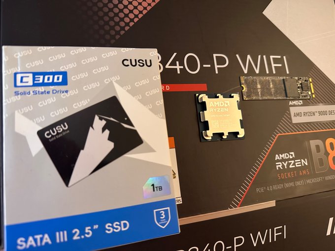 The image displays a CUSU C300 1TB SATA III 2.5" SSD in packaging alongside AMD Ryzen components (a processor and M.2 SSD) on a B40-P WIFI motherboard box, illustrating the hardware required to build a custom rig—perfectly fitting the post's call to assemble a new PC for launching a Flux node.