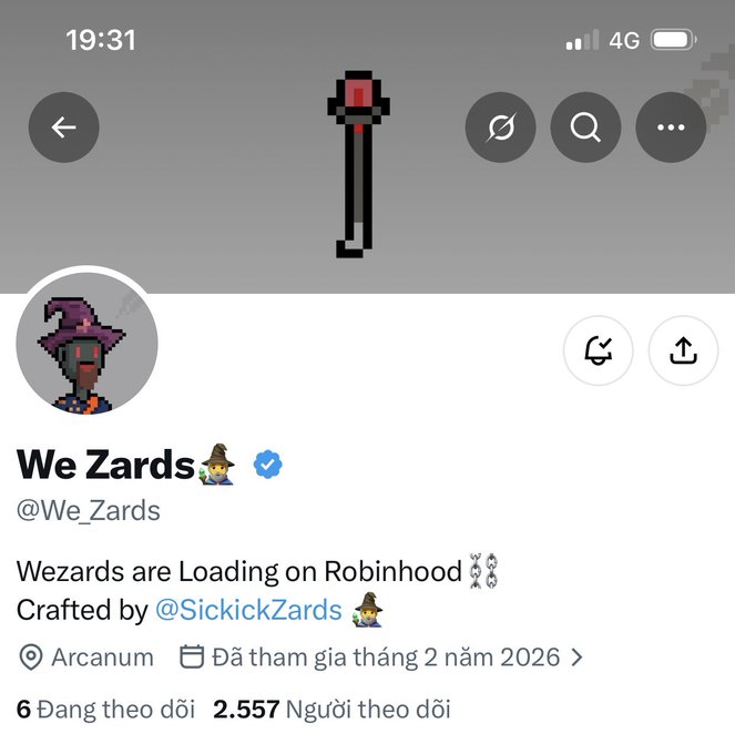 Twitter/X profile page for 'We Zards' (@We_Zards) showing a pixelated wizard avatar, with bio stating 'Wezards are Loading on Robinhood' and crafted by @SickickZards, located in Arcanum, with 6 following and 2,557 followers.