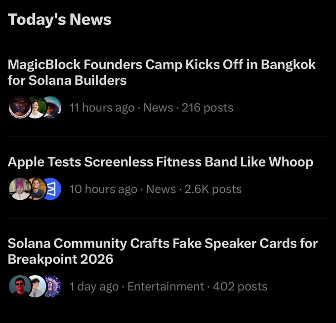 A dark-themed news feed titled 'Today's News' lists headlines including 'MagicBlock Founders Camp Kicks Off in Bangkok for Solana Builders' and 'Apple Tests Screenless Fitness Band Like Whoop'.