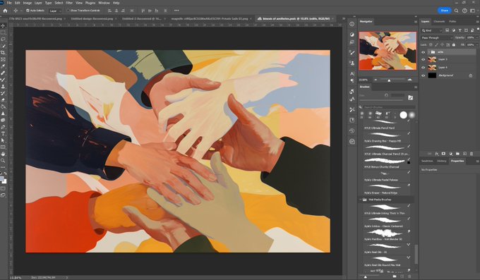 A Photoshop workspace displaying a colorful digital painting of multiple hands reaching toward a central point.