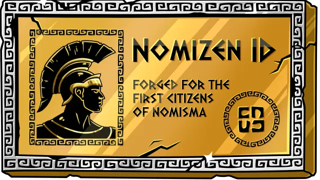 A golden NFT-style 'Nomizen ID' card featuring a gladiator profile and text reading 'Forged for the first citizens of Nomisma' with a Greek key border.
