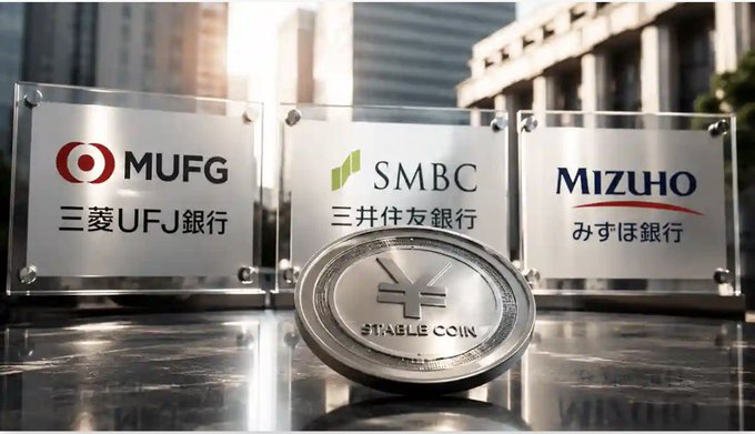 The image shows three Japanese megabank logos—MUFG (三菱UFJ銀行), SMBC (三井住友銀行), and Mizuho (みずほ銀行)—displayed on glass panels behind a silver physical coin marked with the yen symbol and "STABLE COIN." This visually represents the launch of the yen-pegged stablecoin JPYSC, backed by these major banks' assets, though the post hints ominously that such financial engineering may be setting the stage for a major market crash.