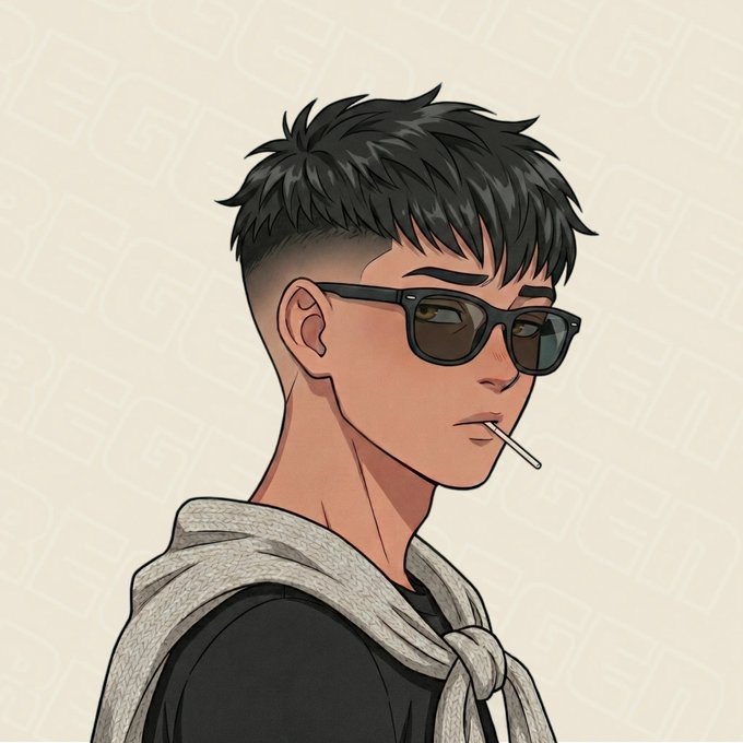 A stylized digital portrait depicts a young man with messy black hair wearing dark sunglasses and a gray scarf draped over a black shirt, with a lollipop stick in his mouth against a textured beige background.