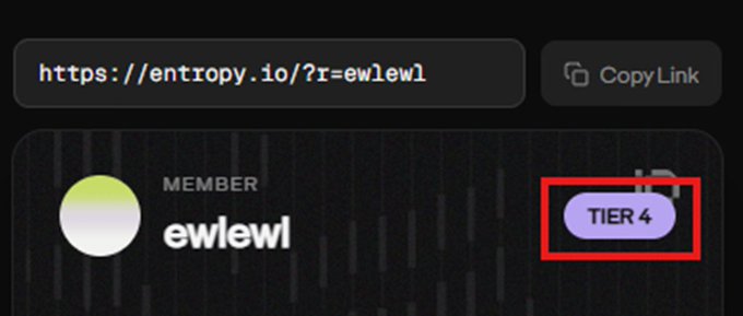The image displays an Entropy.io referral link (https://entropy.io/?r=ewlew1) and shows the "ewlew1" member profile with a Tier 4 status badge highlighted in red. This relates to the post promoting Entropy as a top airdrop opportunity, with the user sharing their referral code "ewlew1" to invite others to sign up.