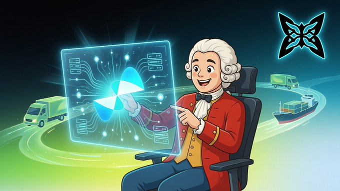 Cartoon illustration of a man in colonial-era red coat and powdered wig pointing at a holographic data display with a butterfly logo in the corner and delivery vehicles in the background.